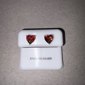 Sterling Silver Heart Earrings with Watermelon Tourmaline Stones